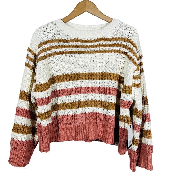 NEW! Rip Curl Crop Cozy Sweater Stripe Long Sleeve Casual Knit Pink Cream - XS - Picture 1 of 6